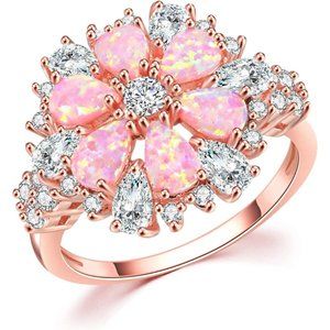 Ring-14K Rose Gold Plated Pink Opal CZ Ring Gemstone Ring for Women Size 5-12